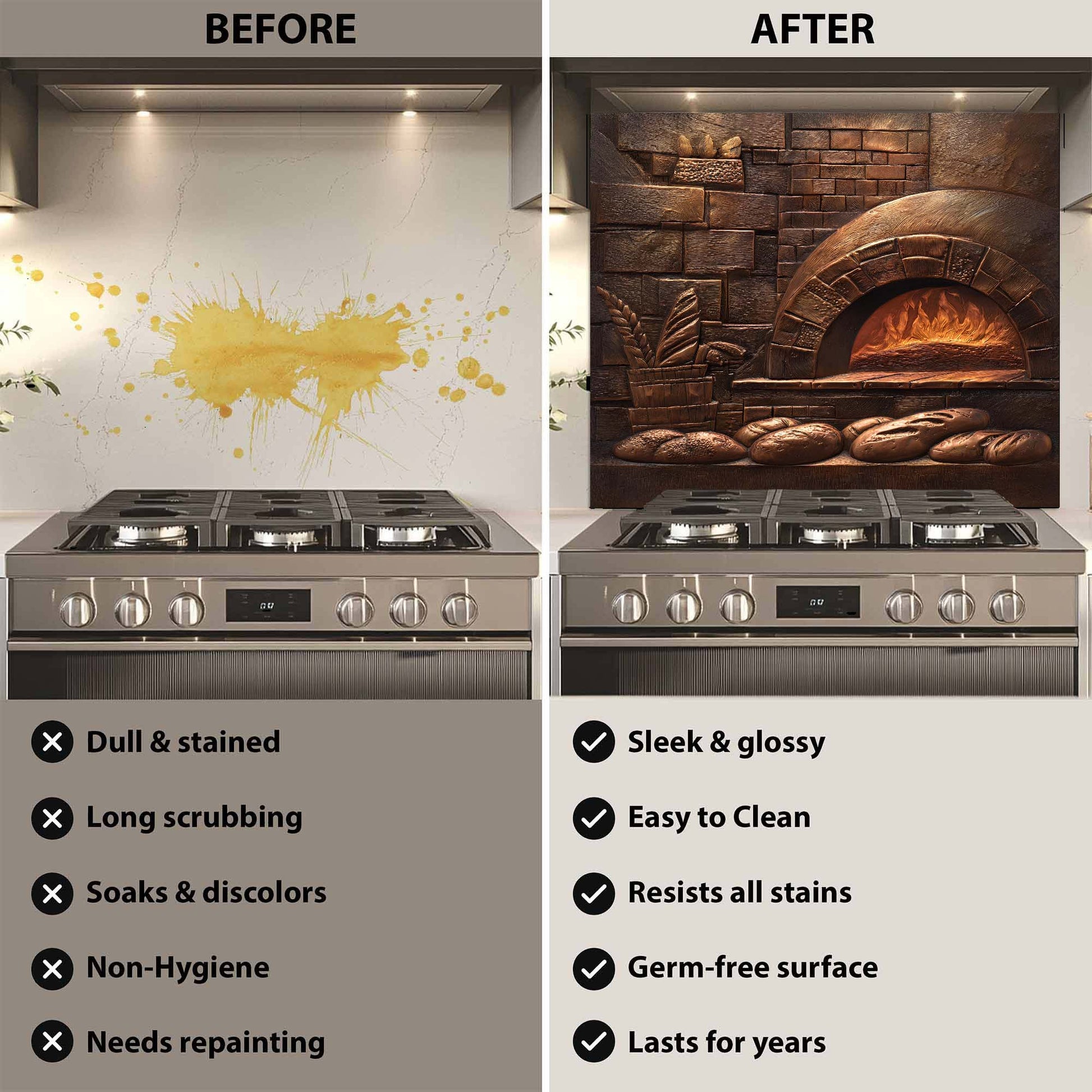 Before and after comparison of a stove with a decorative glass backsplash.