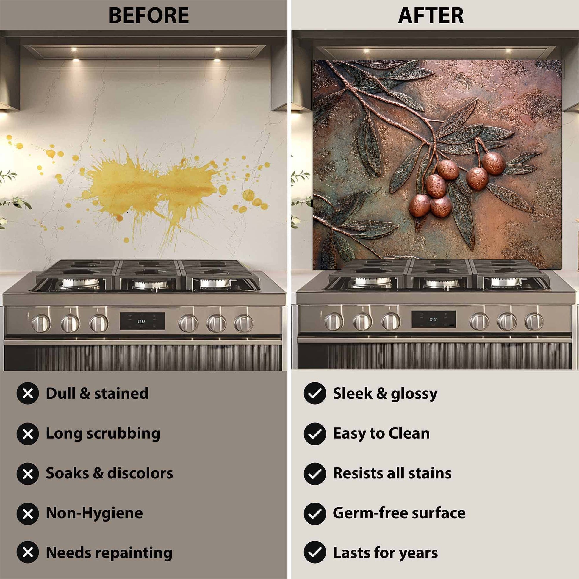 Before and after comparison of a kitchen stove with a decorative backsplash.