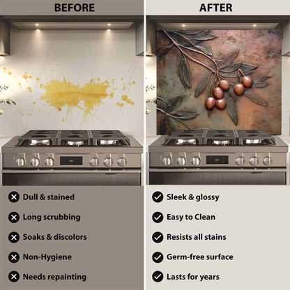 Before and after comparison of a kitchen stove with a decorative backsplash.