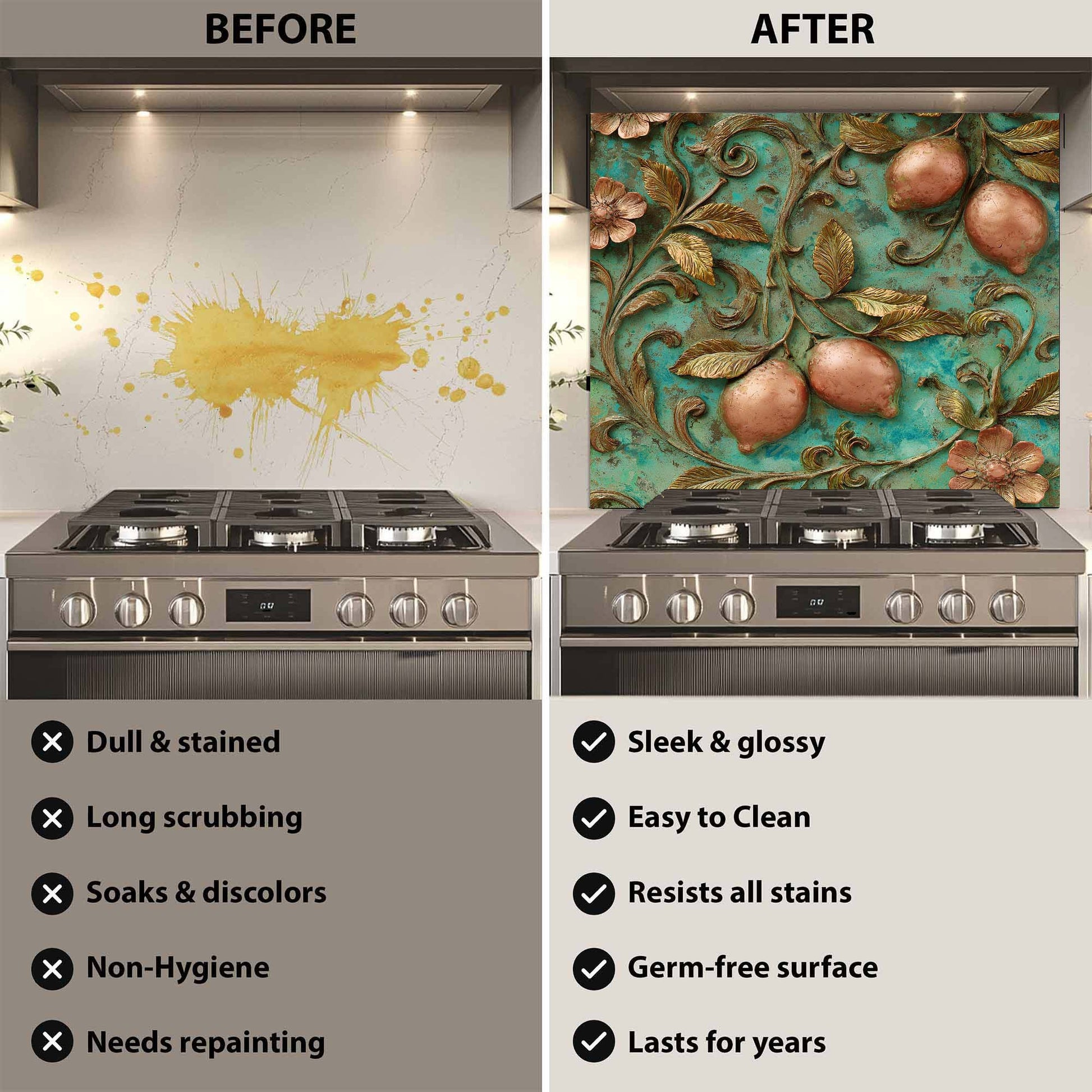 Before and after comparison of a kitchen stove with a decorative backsplash.
