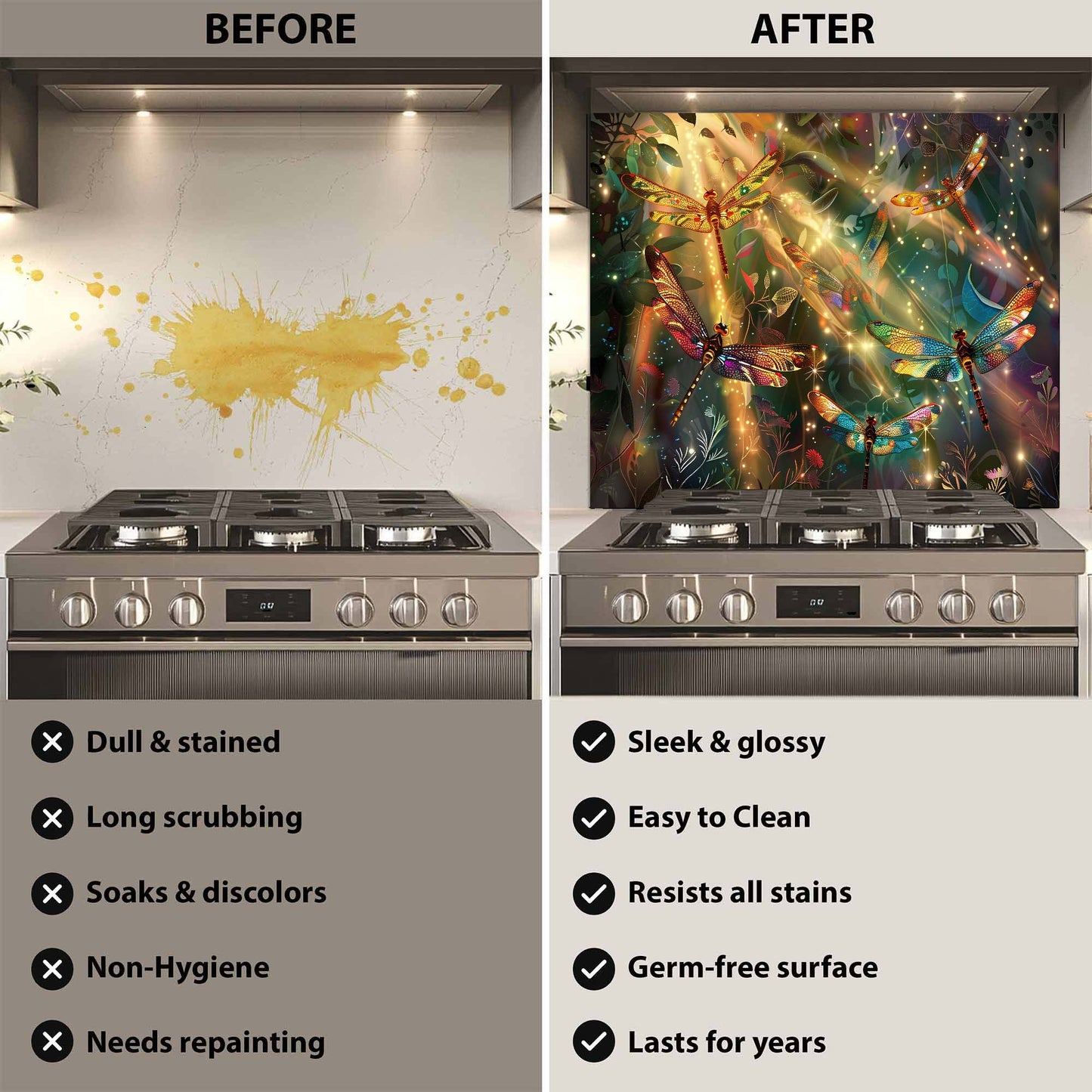Before and after comparison of a kitchen stove with a decorative backsplash.