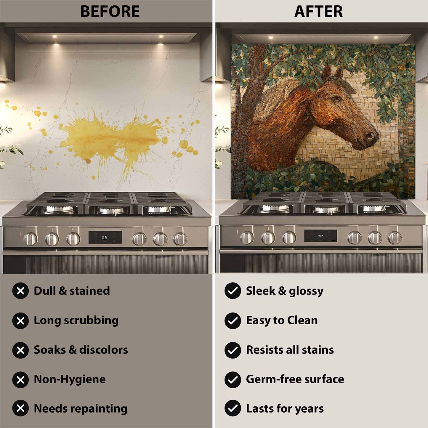 Elegant horse portrait in mosaic woodland style on tempered glass backsplash, bringing warmth, calm, and nature-inspired beauty to kitchens.