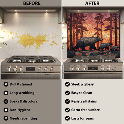 Before and after comparison of a stove with a decorative backsplash