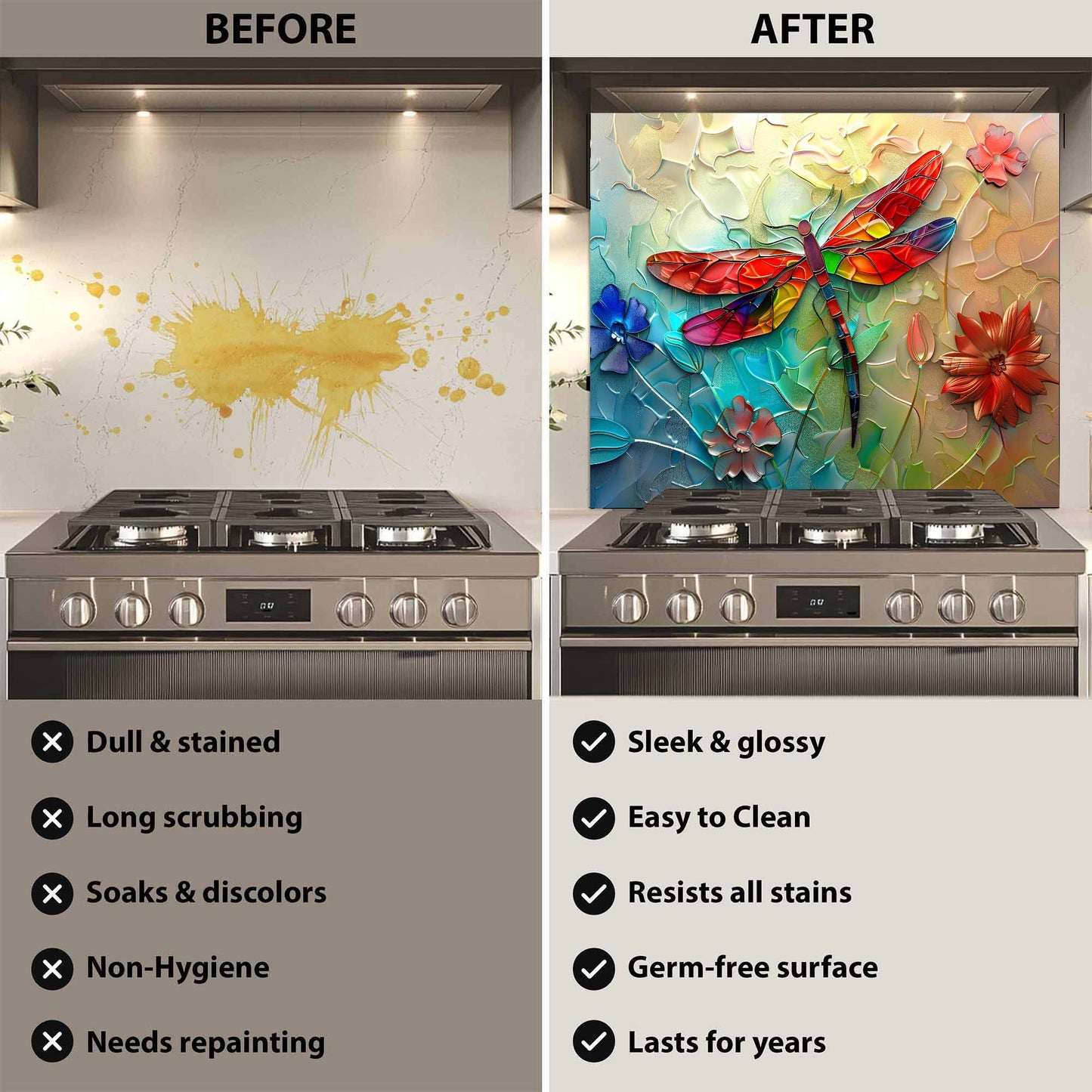 Before and after comparison of a kitchen stove with a decorative backsplash.