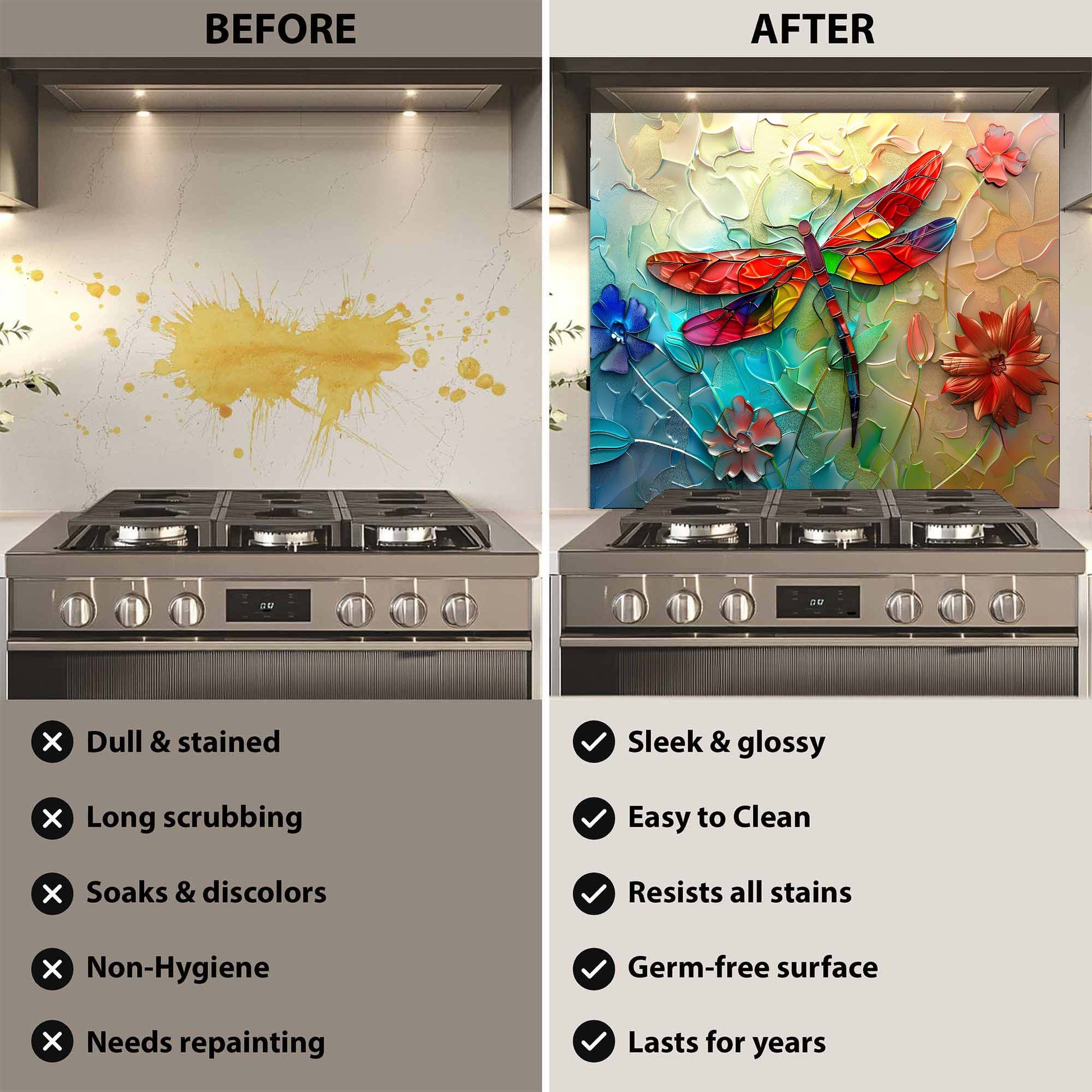 Before and after comparison of a kitchen stove with a decorative backsplash.
