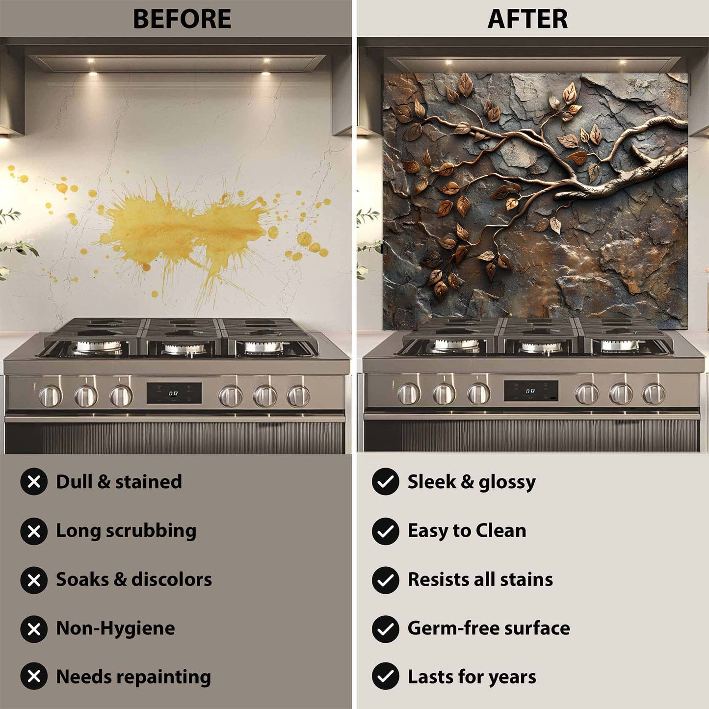 Before and after comparison of a kitchen stove with a decorative backsplash.