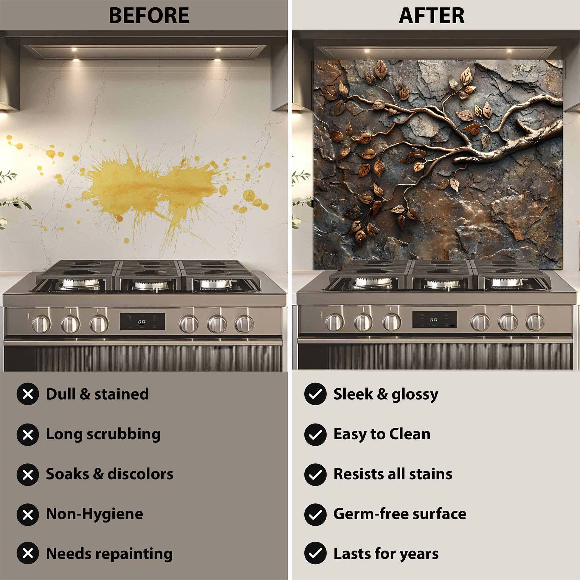 Before and after comparison of a kitchen stove with a decorative backsplash.