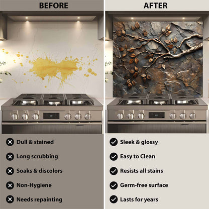 Before and after comparison of a kitchen stove with a decorative backsplash.