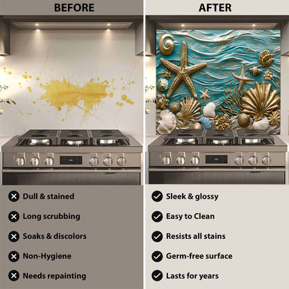 Before and after comparison of a kitchen stove with a decorative backsplash.