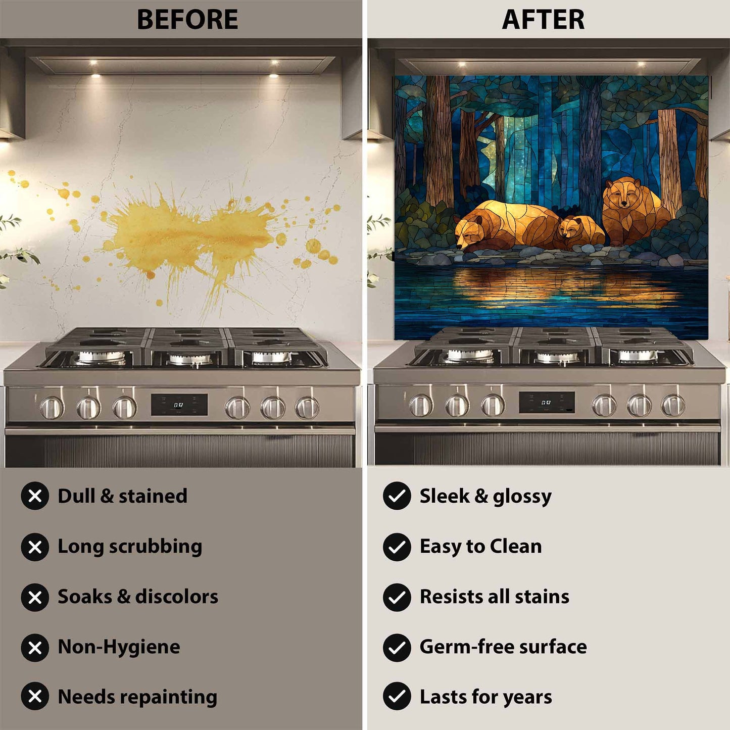 Before and after comparison of a stove with a decorative backsplash.