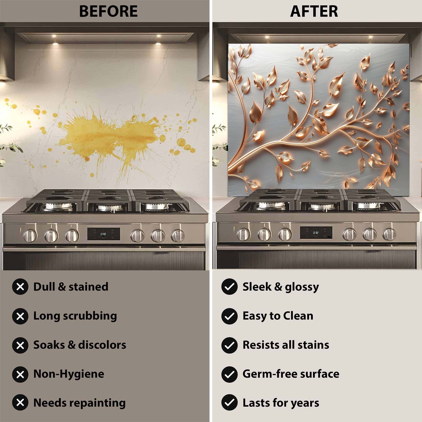 Luminous Branches – Tempered Glass Backsplash for Kitchen – Botanical Splashback
