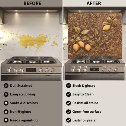 Before and after comparison of a stove with a decorative backsplash.