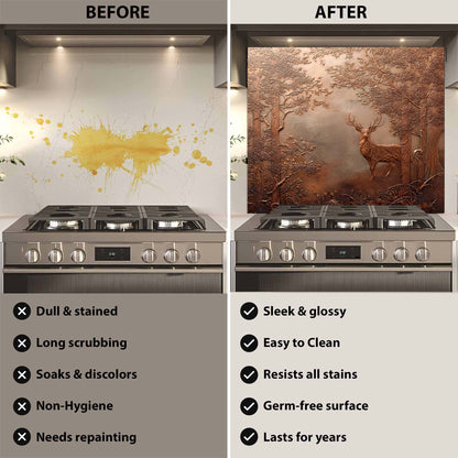 Before and after comparison of a stove with a decorative glass backsplash