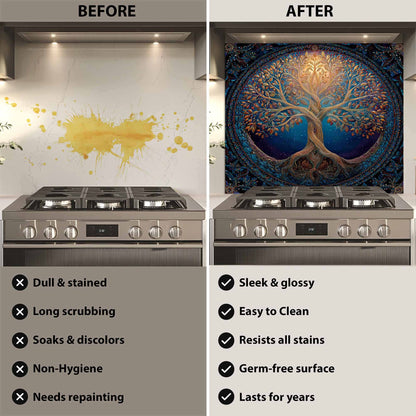 Before and after comparison of a kitchen stove with a decorative wall mural.