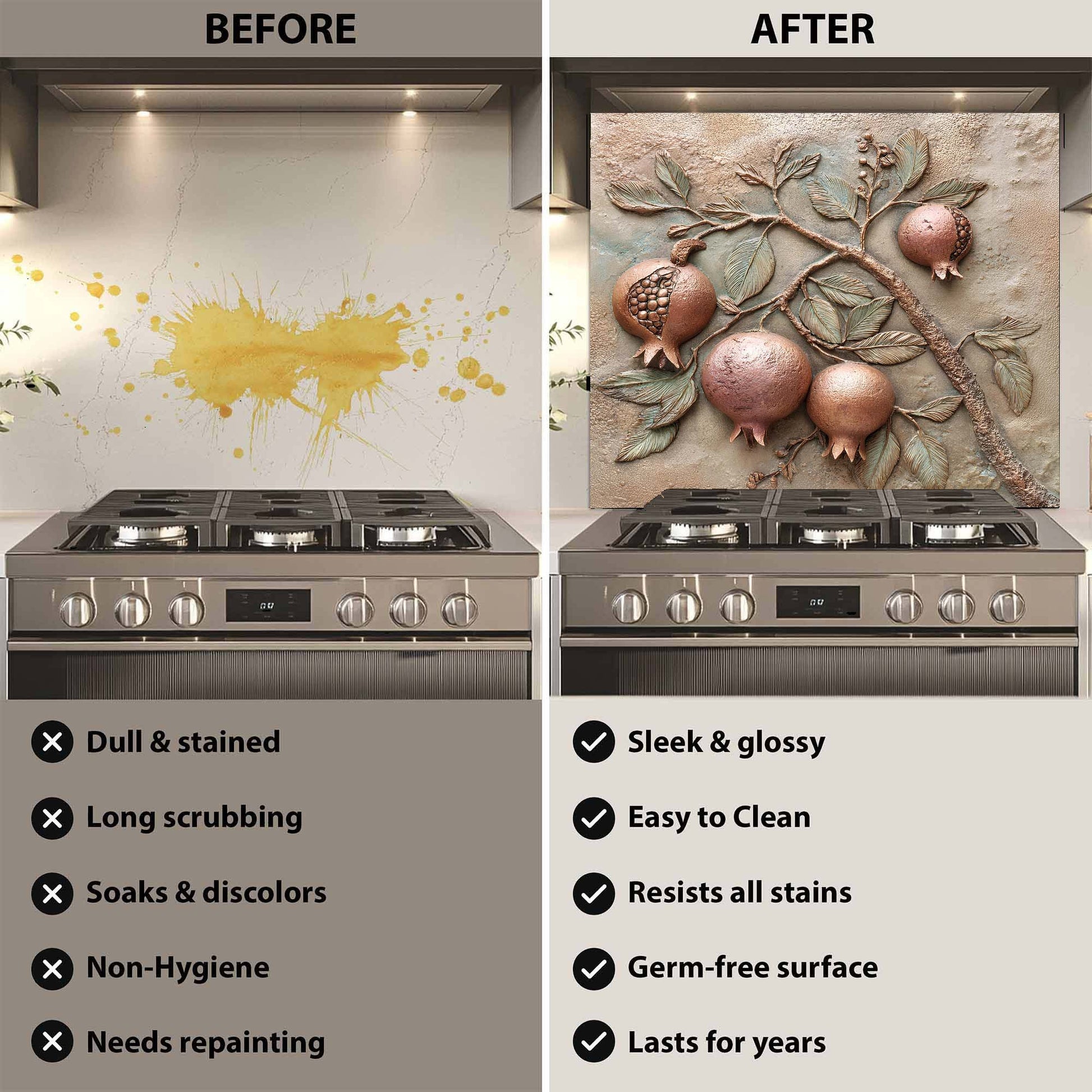 Before and after comparison of a kitchen stove with a decorative backsplash.