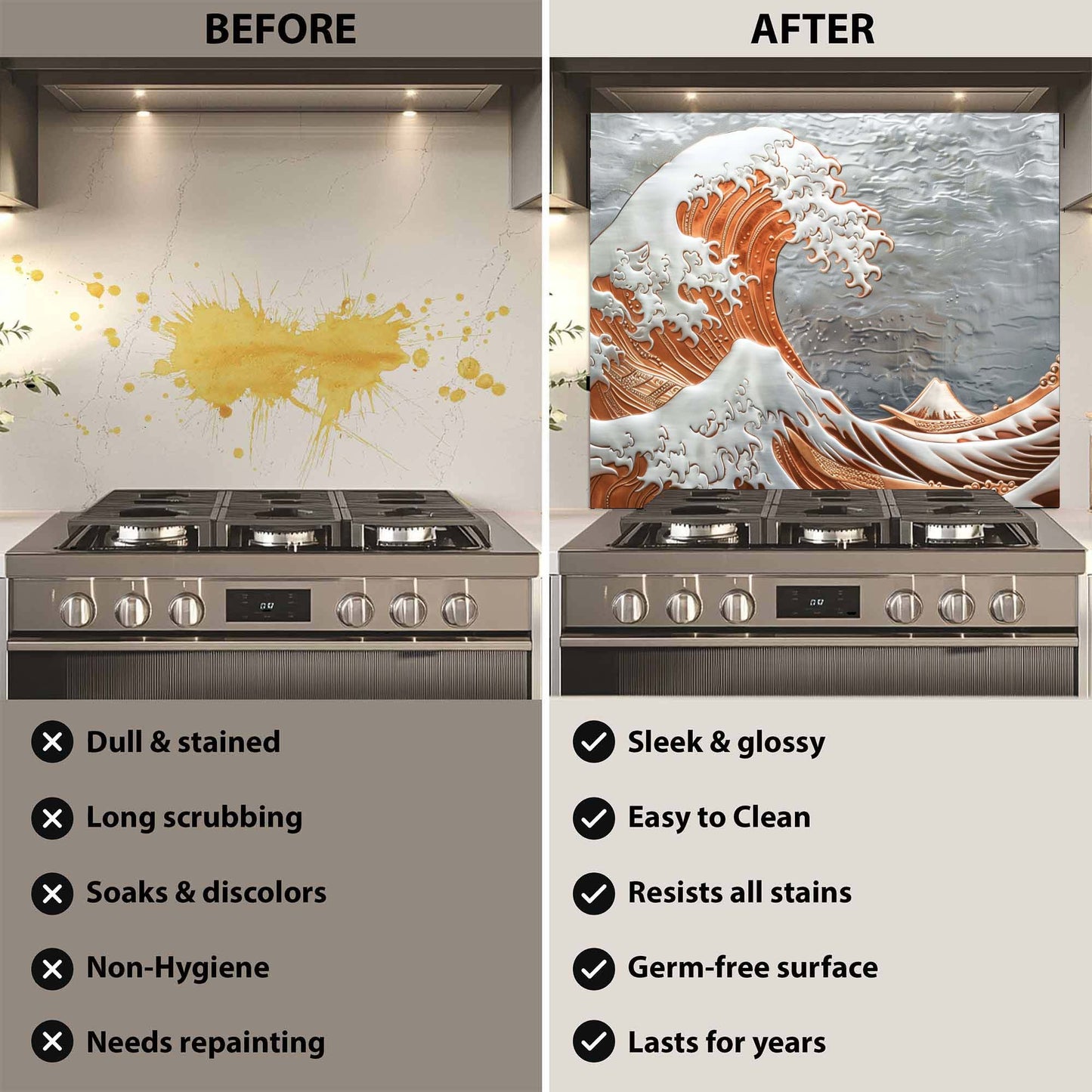 Before and after comparison of a stove with a decorative glass backsplash.
