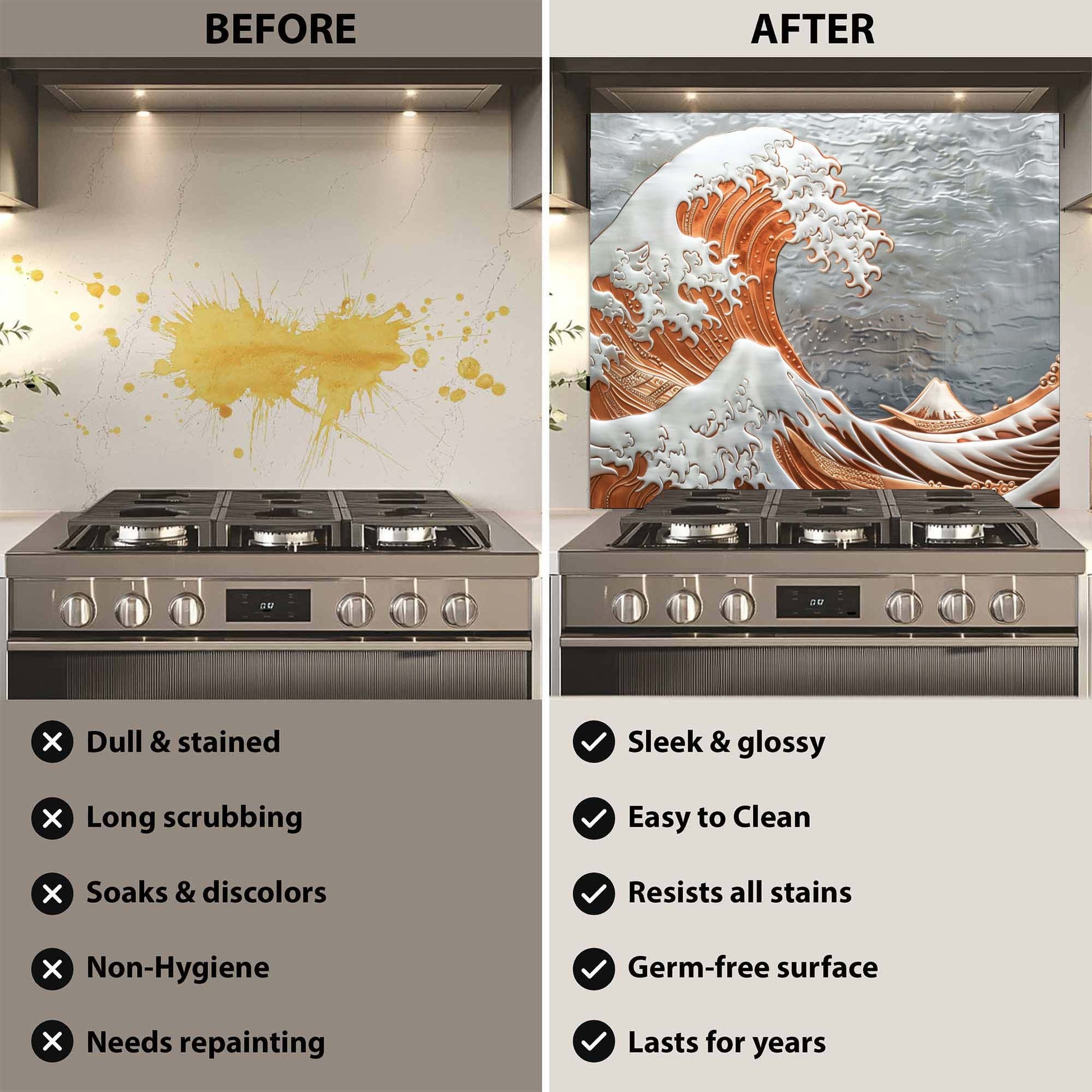 Before and after comparison of a stove with a decorative glass backsplash.