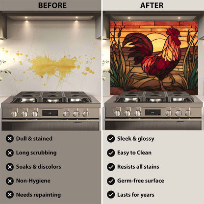 Before and after comparison of a kitchen stove with a decorative glass backsplash.