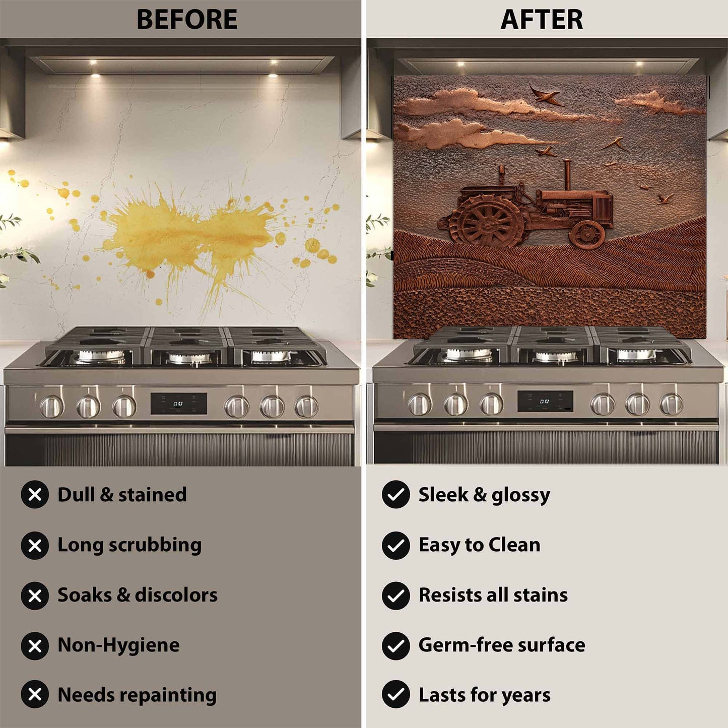 Before and after comparison of a stove with a decorative backsplash.