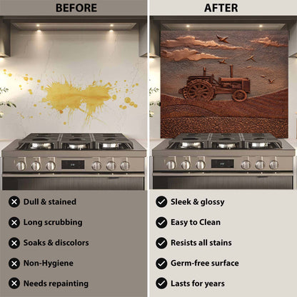 Before and after comparison of a stove with a decorative backsplash.