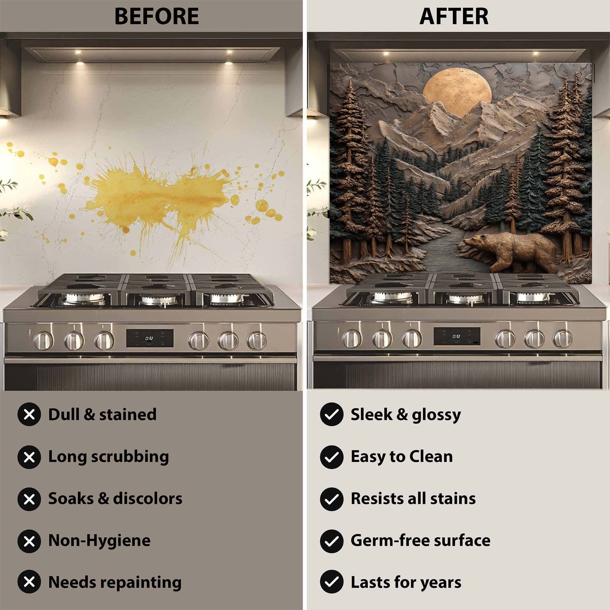 Before and after comparison of a stove with a decorative backsplash.