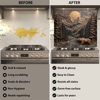 Before and after comparison of a stove with a decorative backsplash.