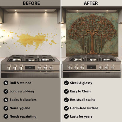 Before and after comparison of a kitchen stove with a decorative backsplash.