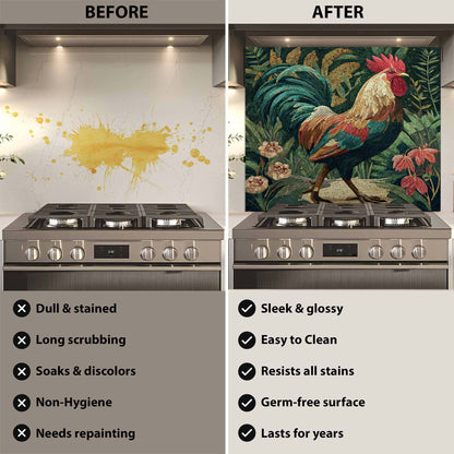Before and after comparison of a stove with a decorative glass backsplash