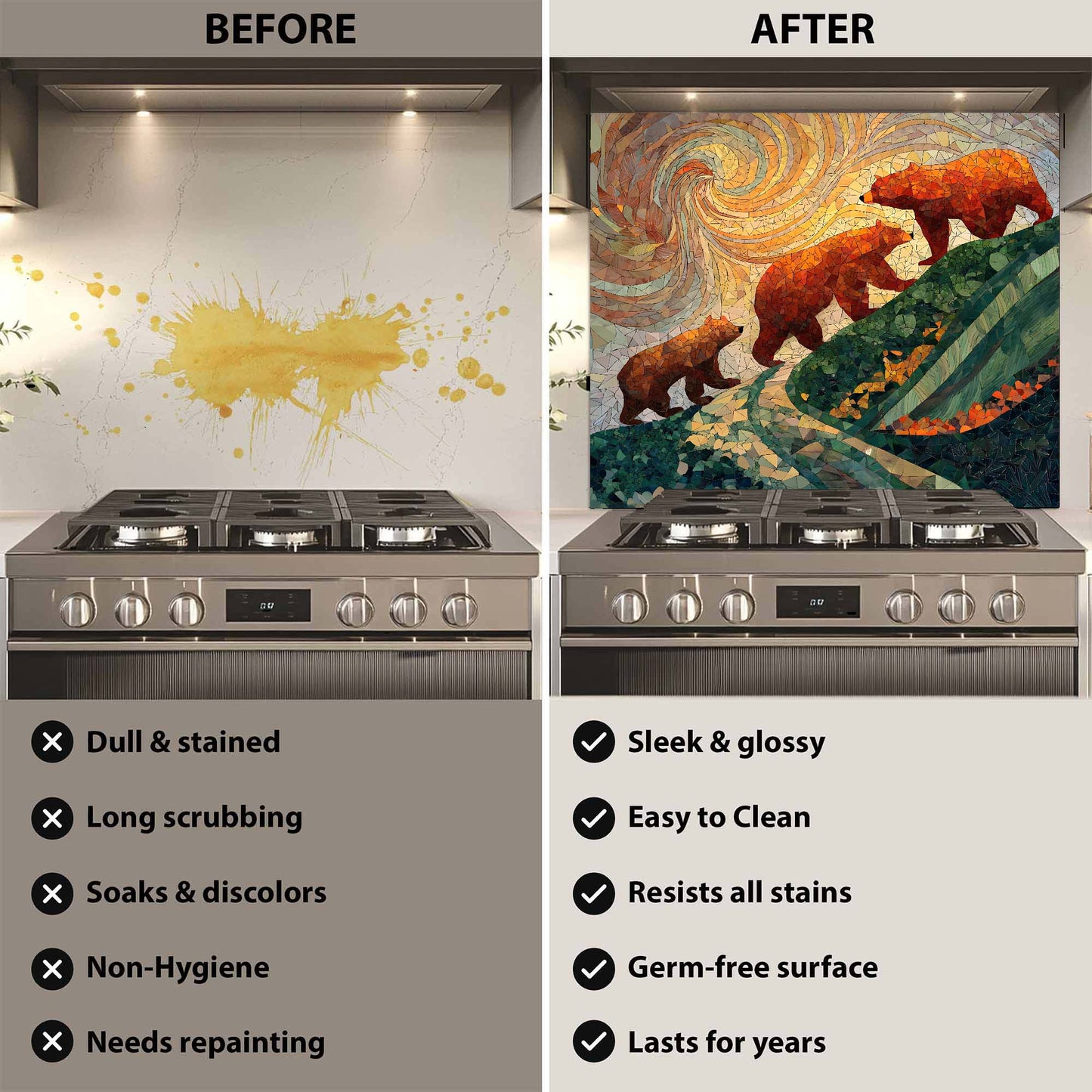 Before and after comparison of a stove with a decorative glass backsplash.