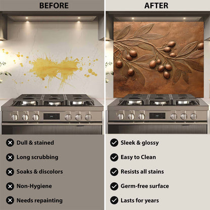 Before and after comparison of a stove with a decorative backsplash.