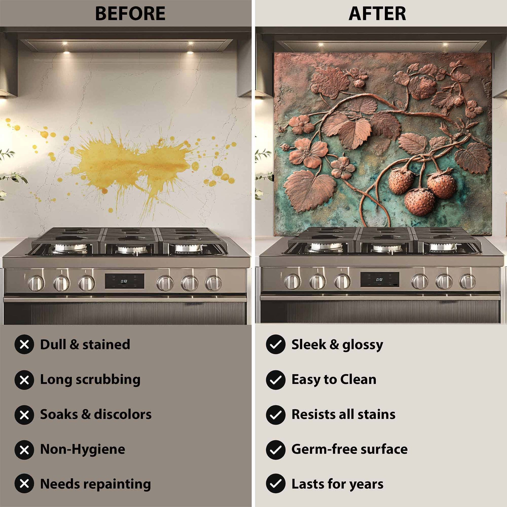 Before and after comparison of a stove with a decorative backsplash.