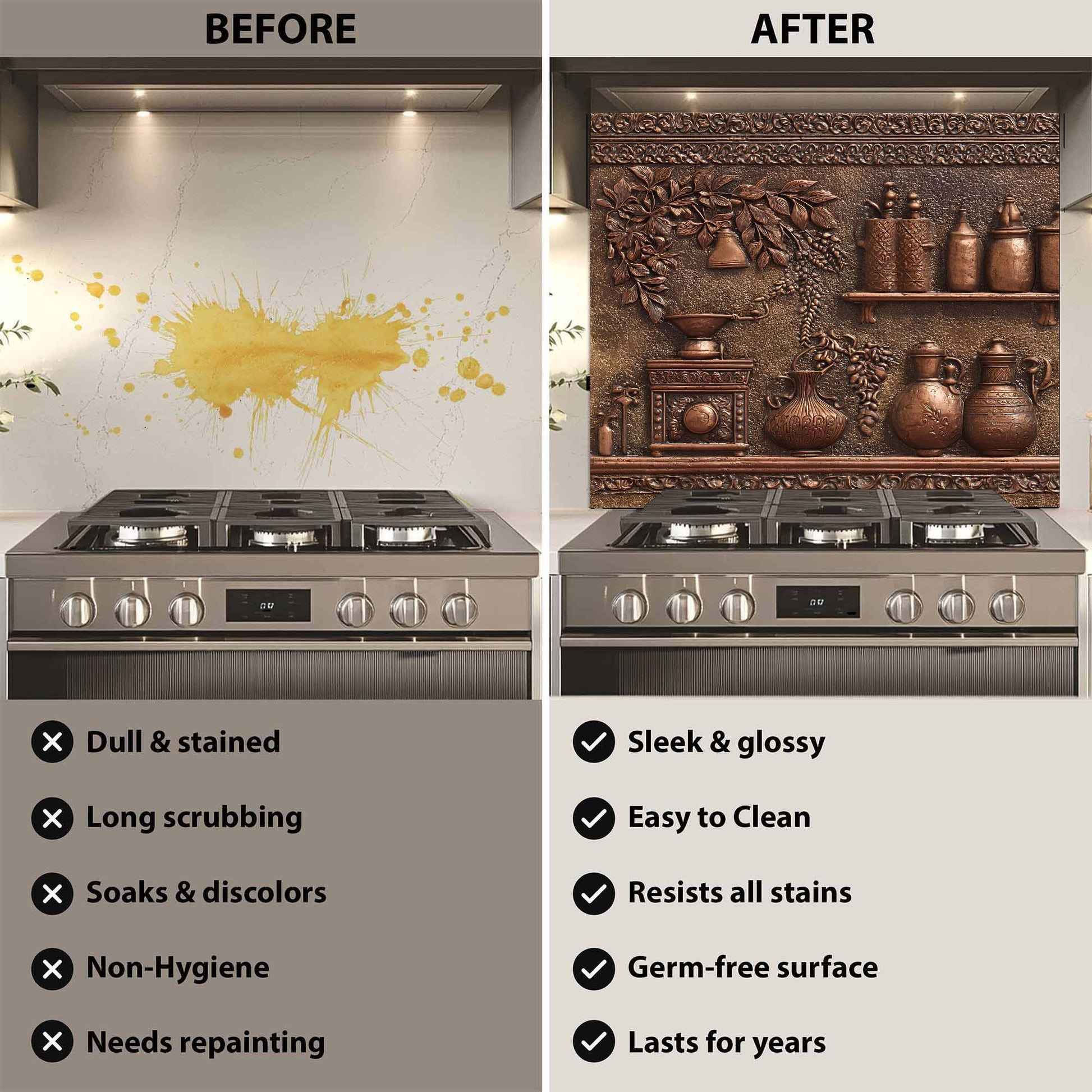 Before and after comparison of a stove with decorative backsplash.