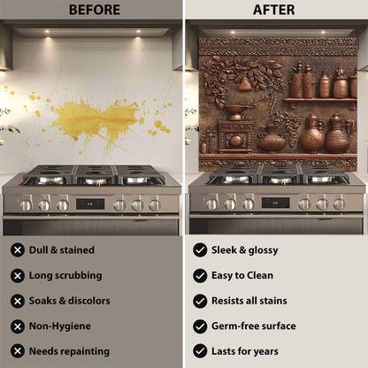 Before and after comparison of a stove with decorative backsplash.
