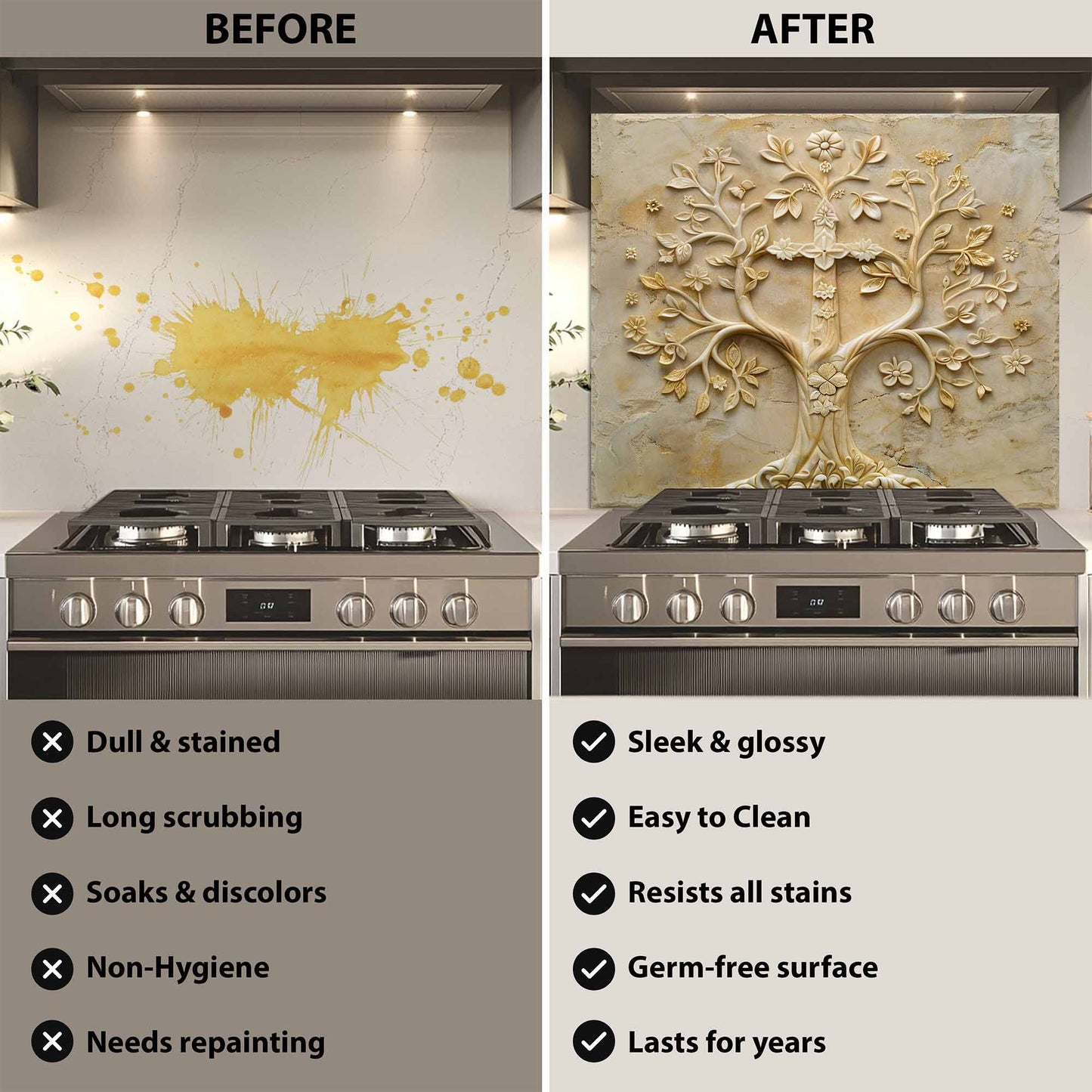 Before and after comparison of a kitchen stove with a decorative backsplash.