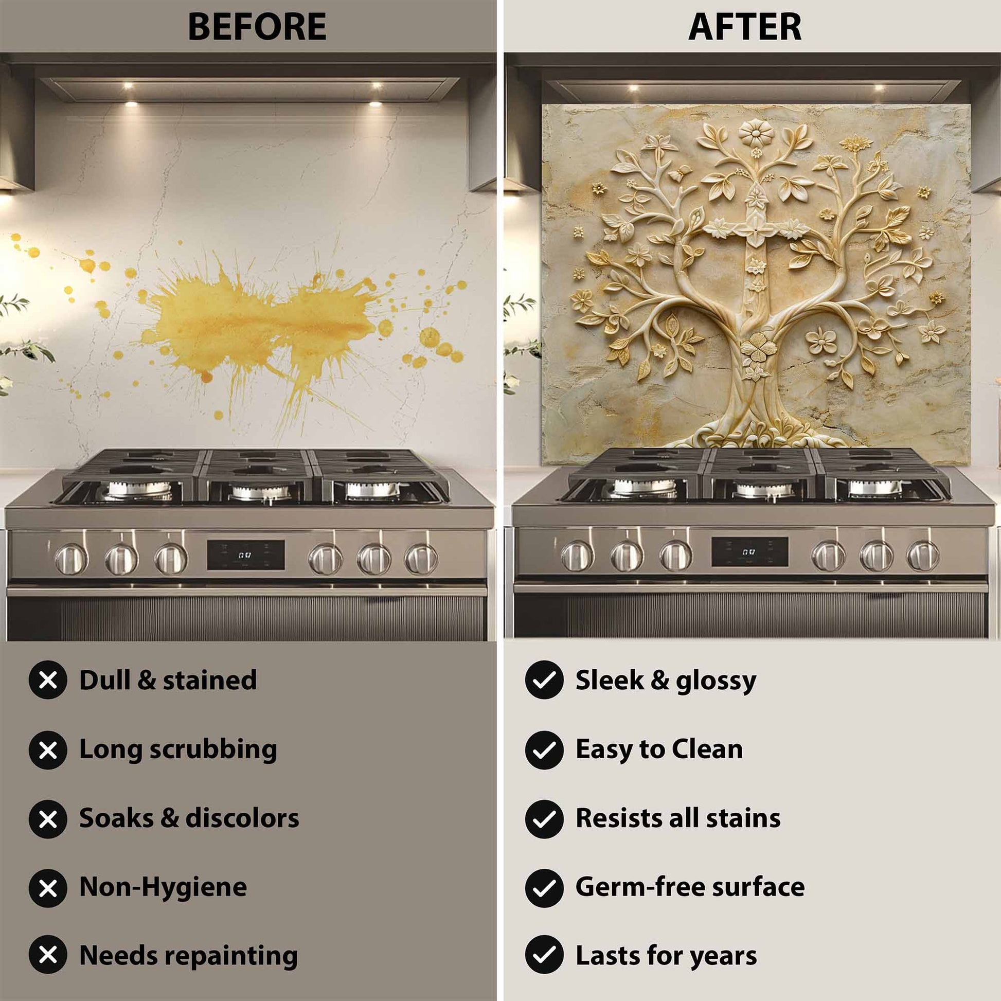 Before and after comparison of a kitchen stove with a decorative backsplash.