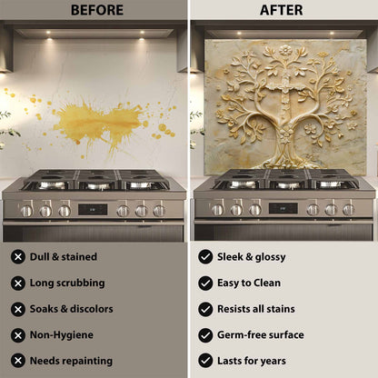 Before and after comparison of a kitchen stove with a decorative backsplash.