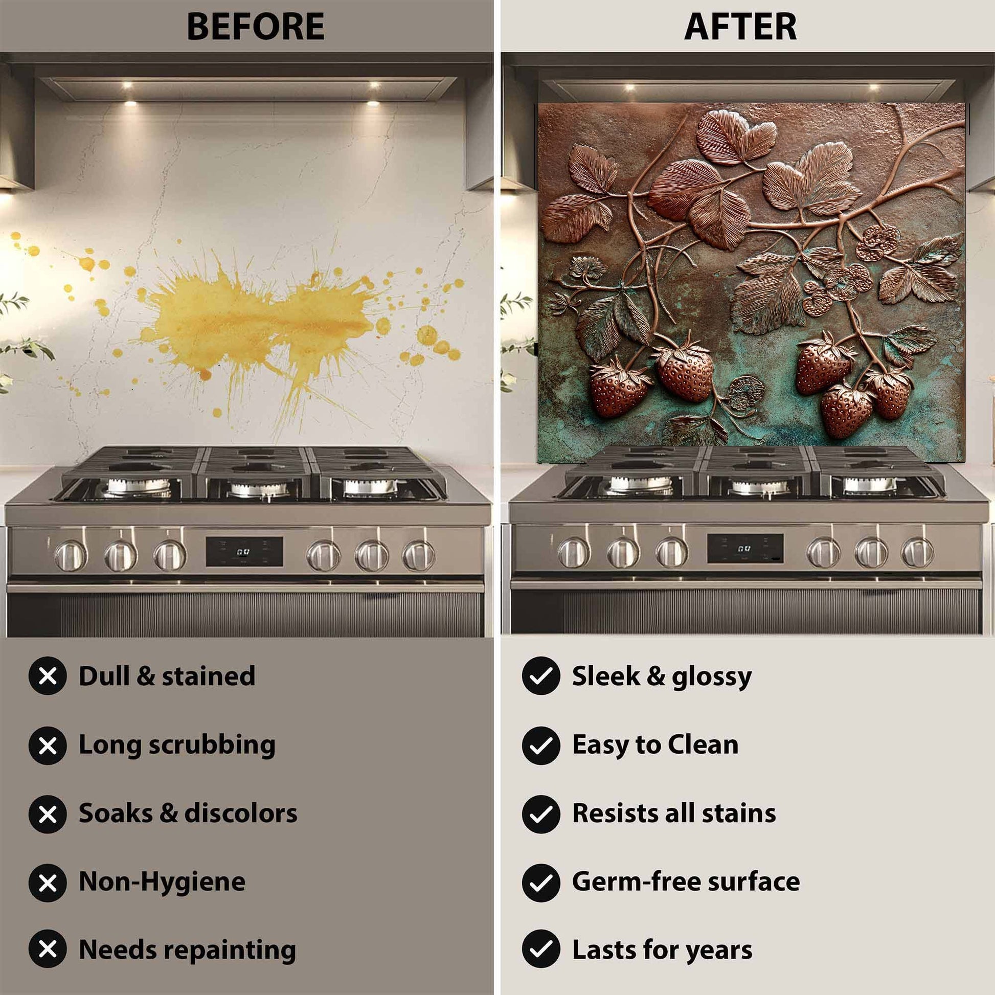 Before and after comparison of a stove with a decorative backsplash.