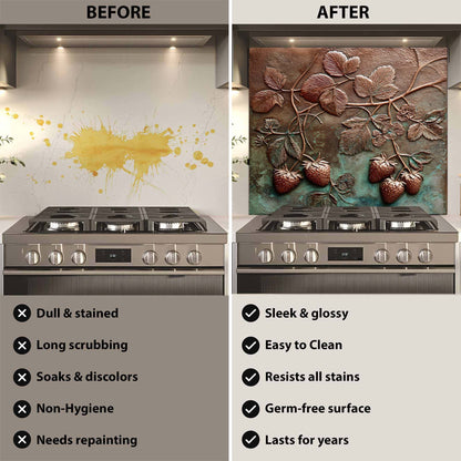 Before and after comparison of a stove with a decorative backsplash.