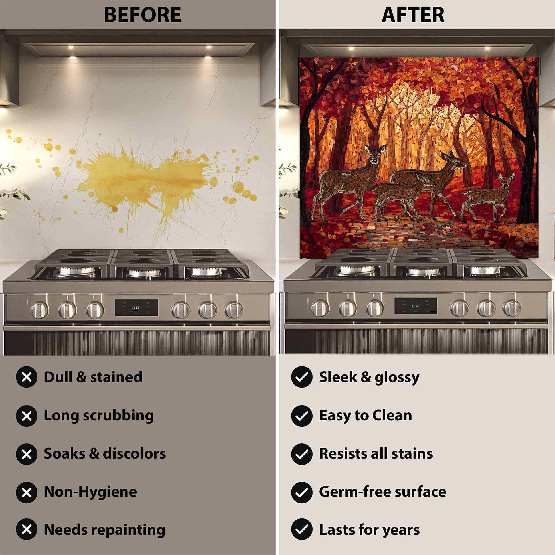 Before and after comparison of a kitchen stove with a decorative backsplash