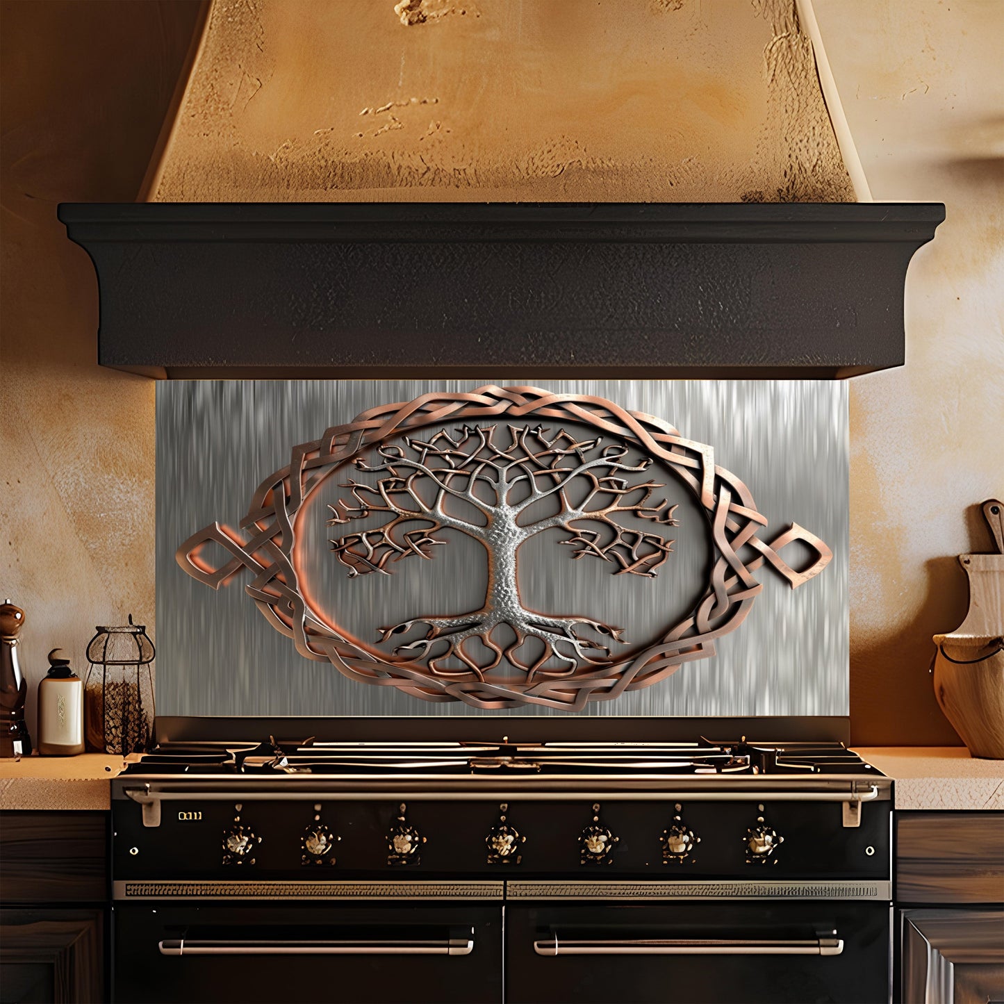 Decorative metal look glass backsplash with tree design above a stove in a kitchen.