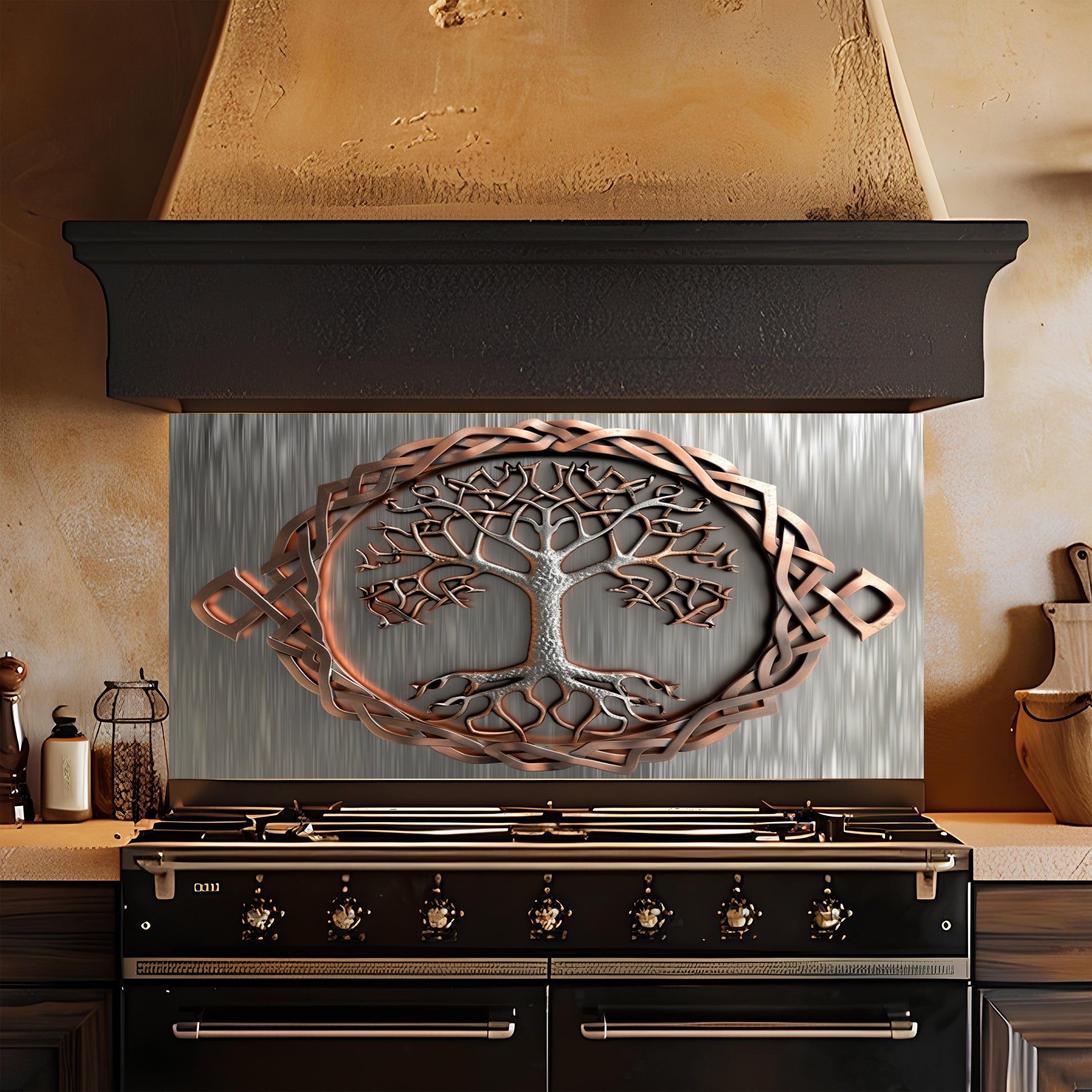 Decorative metal look glass backsplash with tree design above a stove in a kitchen.
