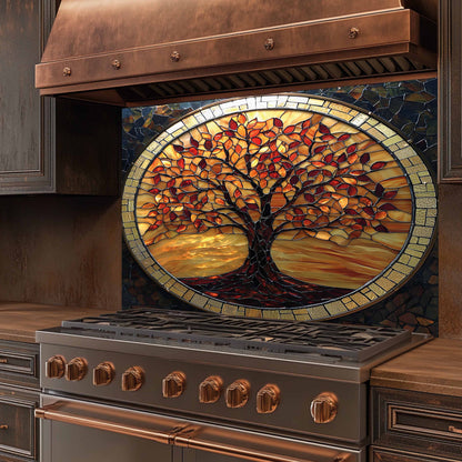 Stainless steel stove with a decorative stained glass panel featuring a tree