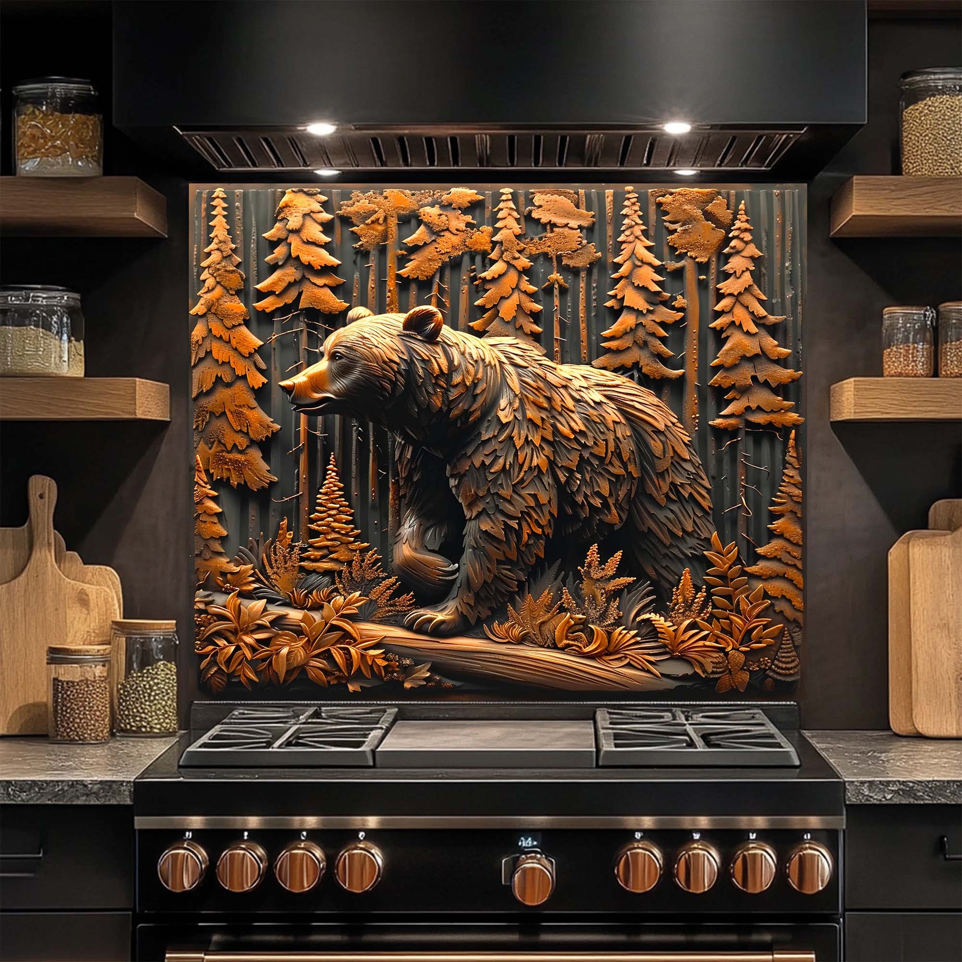 Decorative glass backsplash of a bear in a forest on a kitchen stove.