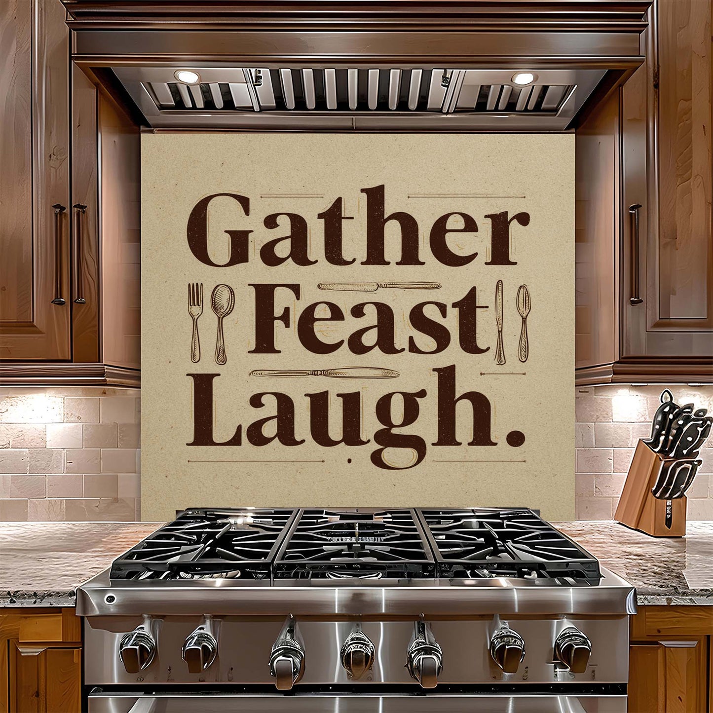 Stainless steel stove with decorative backsplash in a kitchen setting
