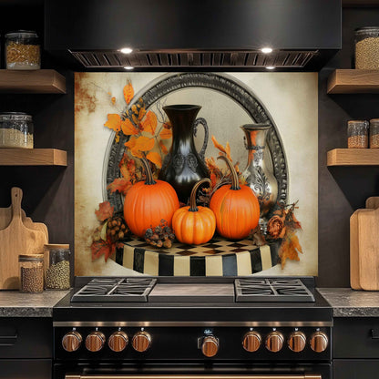 Stovetop with decorative backsplash featuring pumpkins and autumn elements in a kitchen setting.
