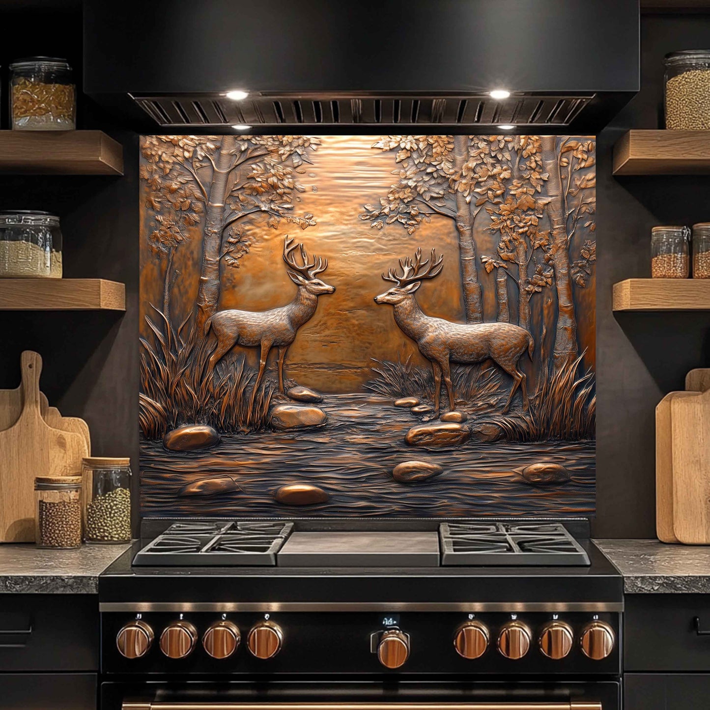 Tempered glass backsplash with deer design