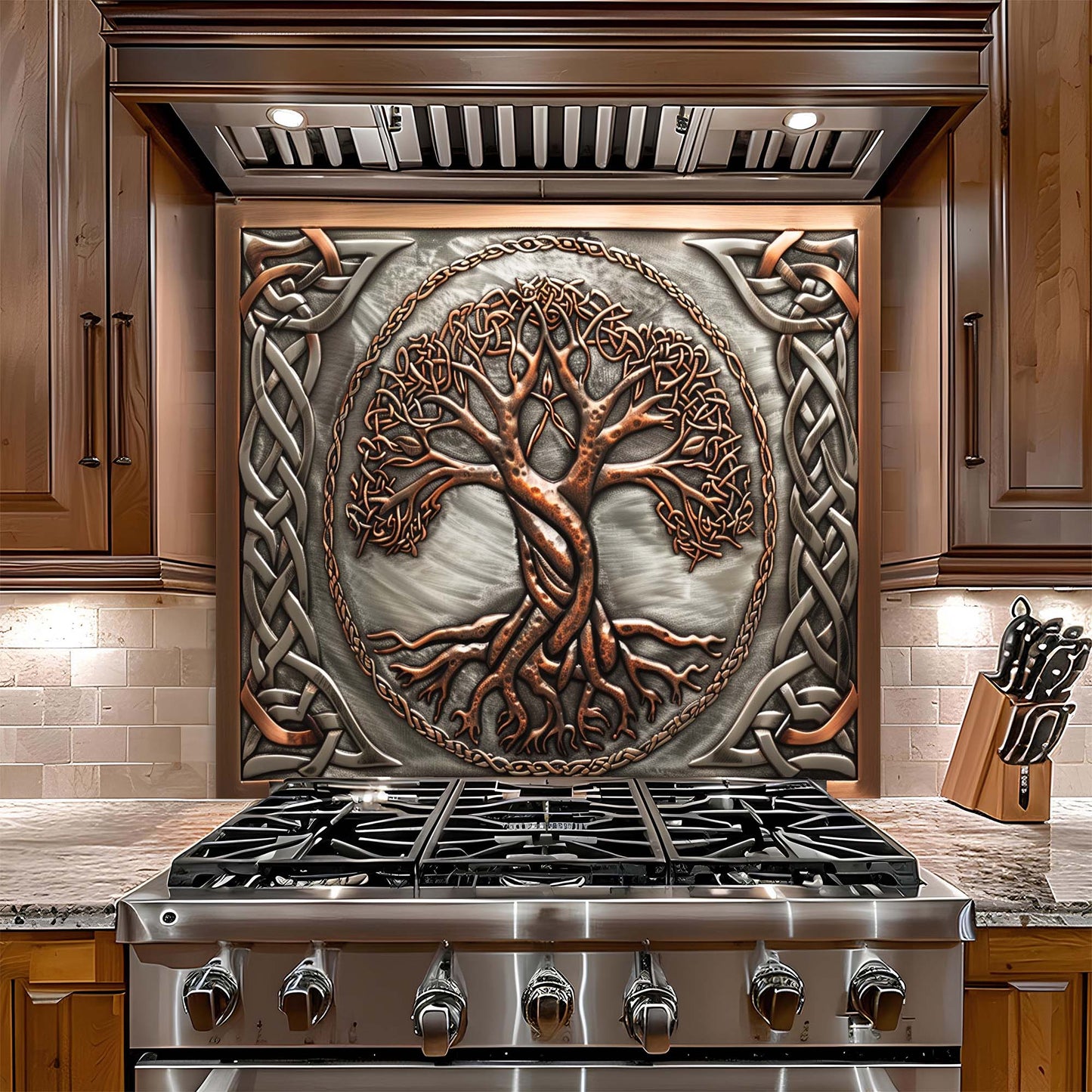 Decorative glass backsplash above a stove in a kitchen