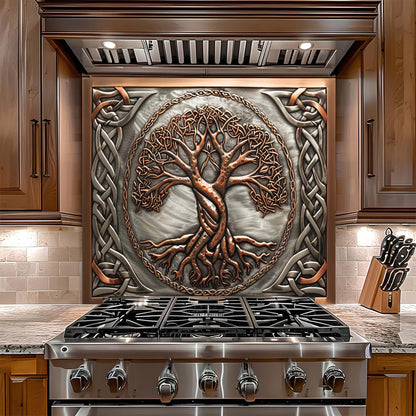 Decorative glass backsplash above a stove in a kitchen