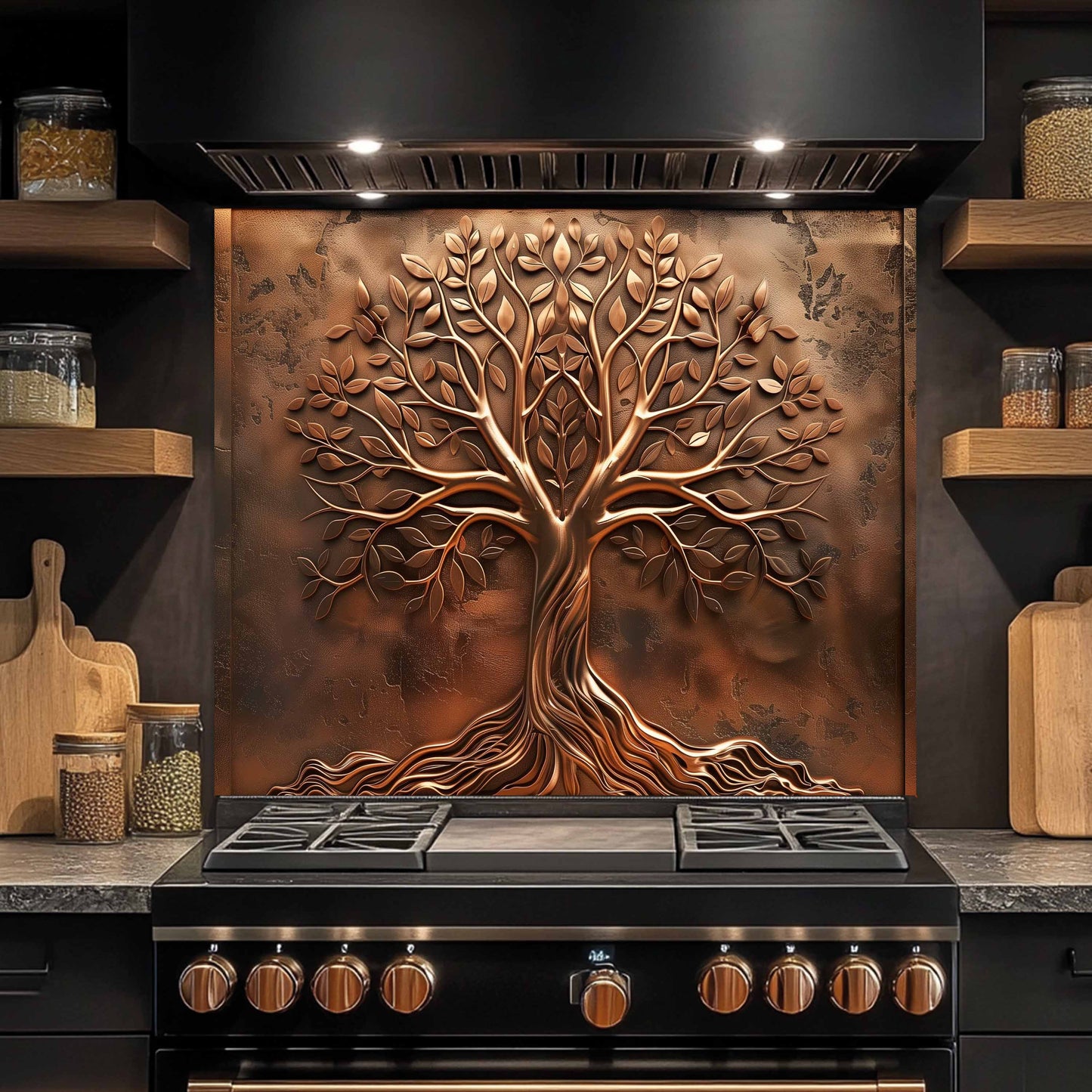 Kitchen stove with a decorative copper tree panel on the wall