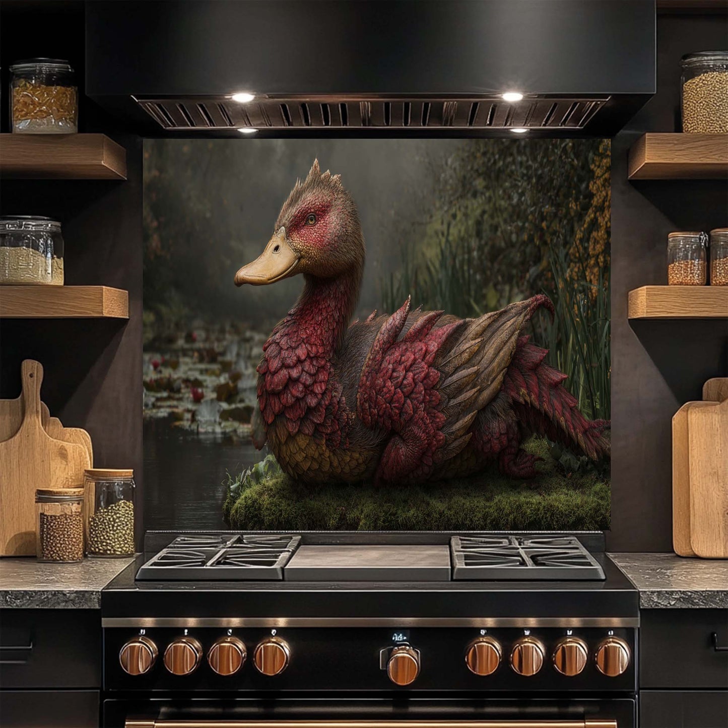 Kitchen stove with a dragon-themed glass backsplash in a modern kitchen setting